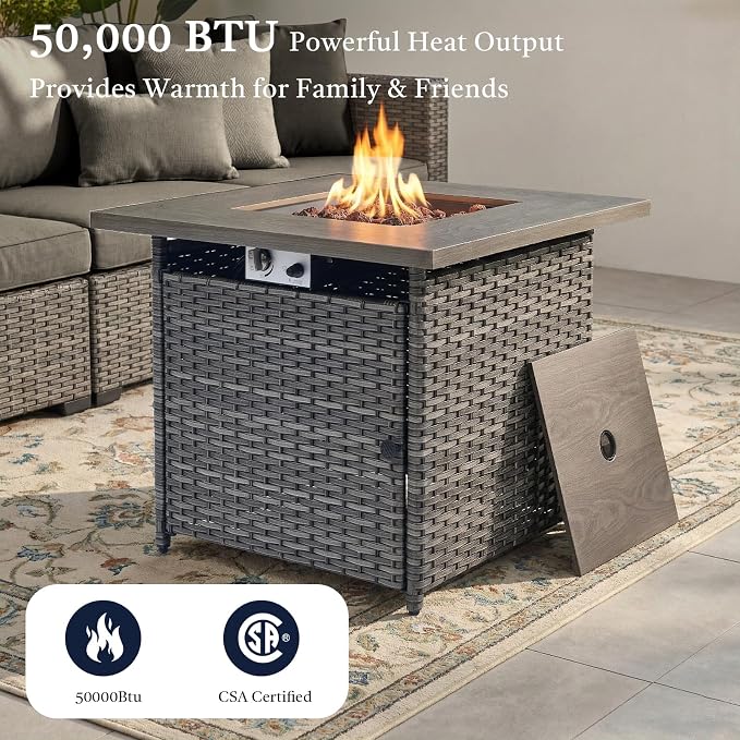Wicker Patio Furniture Set- 4 Pieces Outdoor Swivel Rocker Chairs with 50,000 BTU Fire Pit Table,PE Rattan Outdoor Conversation Set for Garden Porch Deck