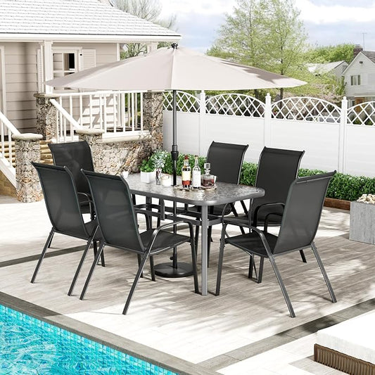 TLSUNNY Patio Dining Set for 6, Outdoor Table and Chairs W/1.69″ Umbrella Hole, 30"X 55" Table and Stackable Textilene Chair, All Weather Patio Furniture Set (Grey Table & Black Chair)