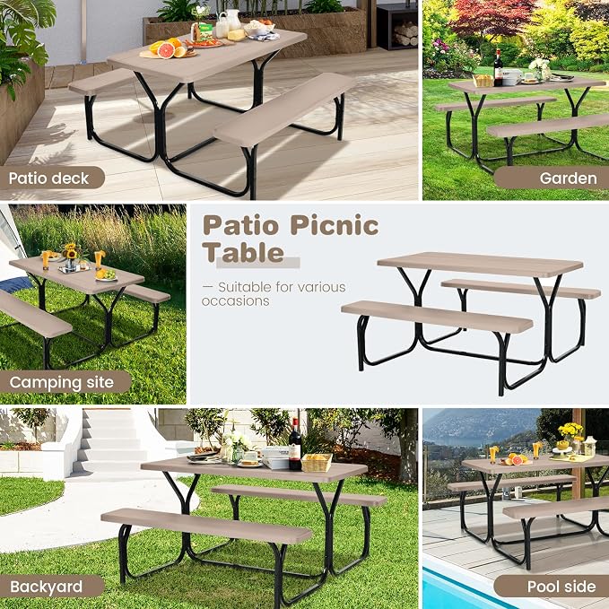 Tangkula Picnic Table Bench Set, Outdoor Picnic Table with 2 Benches, Metal Camping Table with Plastic Wood-Like Texture Tabletop & Steel Frame, Ideal for Picnic, Party, Garden, Lawn (Brown)
