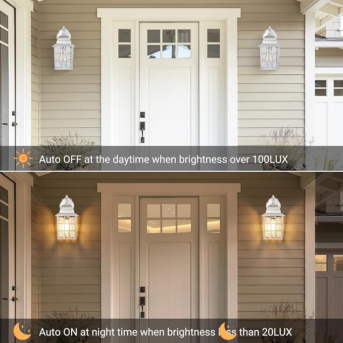 Exterior Lighting Fixtures Wall Mount Set of 2, Dusk to Dawn Porch Lights | Aluminum Frame, Water Rippled Glass, Waterproof, E26, Sensor Wall Lantern, Outdoor Wall Sconce For Garage, Front Door
