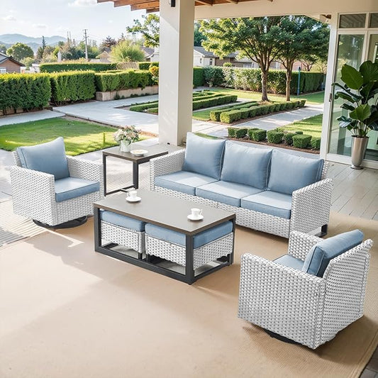 Belord 7 Piece Outdoor Furniture Patio Wicker Sofa Set, Oversize Outdoor Swivel Rocker Chairs with Rattan Ottomans, Conversation Sets Patio Furniture Come with Removable Cushion Baby Blue, Light Grey