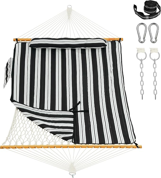 Lazy Daze Hammocks Rope Hammock with Pad, Spreader Bar, Carabiners, Tree Straps, Chains for Outside Patio- Max 450 Lbs, Black Stripes