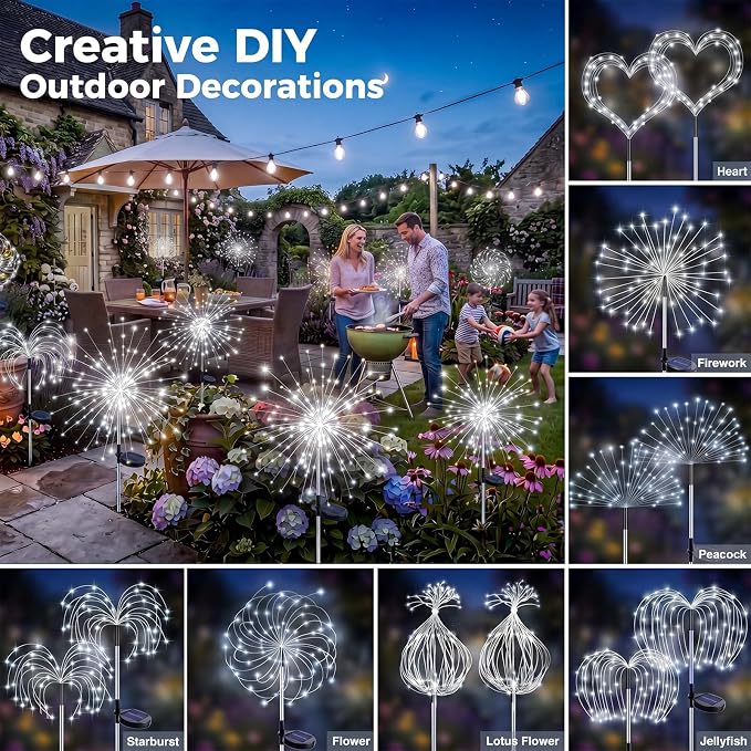 btfarm 3 Pack Solar Garden Lights Outdoor, 8 Modes Firework Lights Outside | 120LED, Waterproof Fairy Twinkle Light Solar Powered for Yard Christmas Pathway Lawn Pool Patio Decorative, Cool White