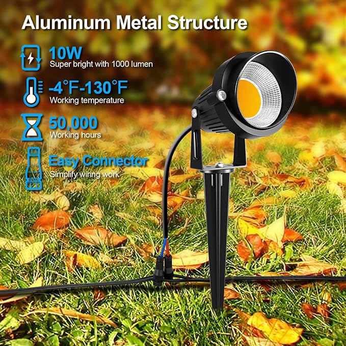 ZUCKEO 10W Low Voltage Landscape Lights LED Landscape Lighting with Connectors 12V Waterproof Outdoor Landscape Spotlights Floor Yard Lawn Best Garden Lights 1000LM Warm White (10Pack with Connector)