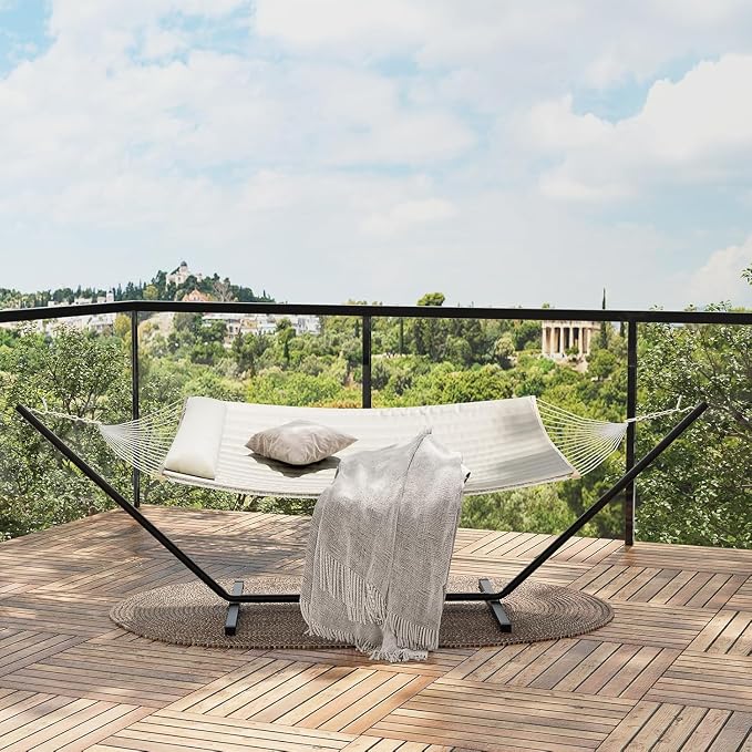 Double Hammock with Foldable Stand, 2 Person Hammock with Quilted Polyester Pad, Heavy Duty Portable Hammocks with Carrying Bag for Outdoor, Patio, Backyard, Poolside, 450 lbs Capacity, Beige