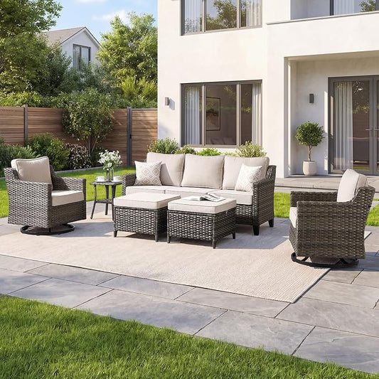 Outdoor Furniture Set of 6, Patio Chairs with Luxury 4" Cushion, Wicker Swivel Rocker Patio Chairs, and Side Table, High Back&Deep Seat for Garden Deck Porch Balcony Backyard - Beige