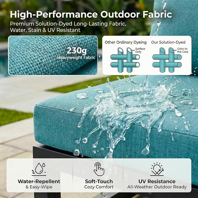 RADIATA 6 Person Large Modern Aluminum Outdoor Patio Furniture Set with Fireplace, 29" Wide Deep Seating, L Shaped Combo Sectional Couch, Water Resistant Conversation Set for Backyard Terrace, Teal