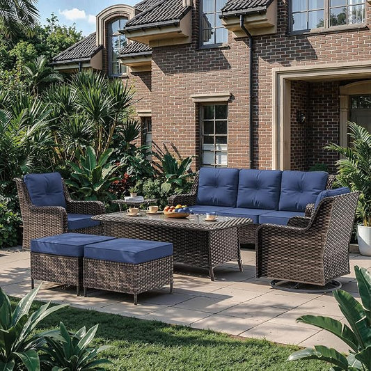 Kurapika 7-Piece Patio Furniture Set, Wicker Thick-Backed Outdoor Swivel Rocking Chair, Includes Coffee Table and Thick Cushions, Conversation Set for Porch,Patio, Navy Blue