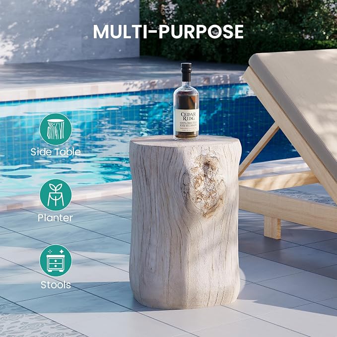 SUNBURY Stump Side Table, Concrete Side Table, Patio Faux Wooden End Table, Beige Stool Plant Stand Holder for Garden Household Living Room­
