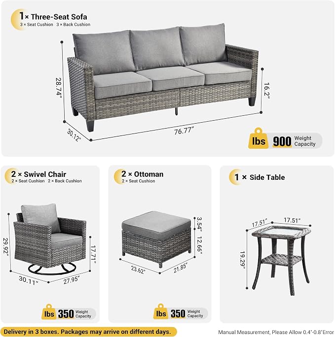 ovios 6 Pieces Patio Furniture Set, Outdoor Wicker Rattan Sofa Couch with Swivel Glider Chairs Comfy Cushions, Modern Conversation Set for Deck Backyard Porch, Dark Grey