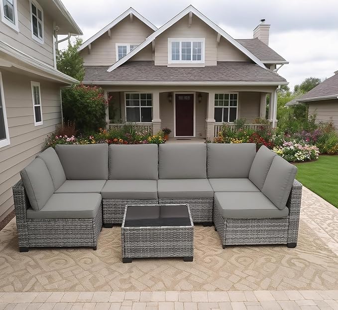 MOCHITO 7 Pcs Outdoor Patio Furniture Sets Grey Rattan Grey Cushions | All-Weather Sectional Sofa, with Glass Table, PE Rattan Wicker Patio Furniture , Washable Cushions, for Balcony Porch Garden