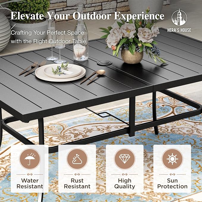HERA'S HOUSE 7pc Outdoor Patio Dining Set for 6, Textilene Chairs, Blue | 60" rectangular metal table with umbrella hole. Waterproof, rust-resistant, all-weather for backyard, porch