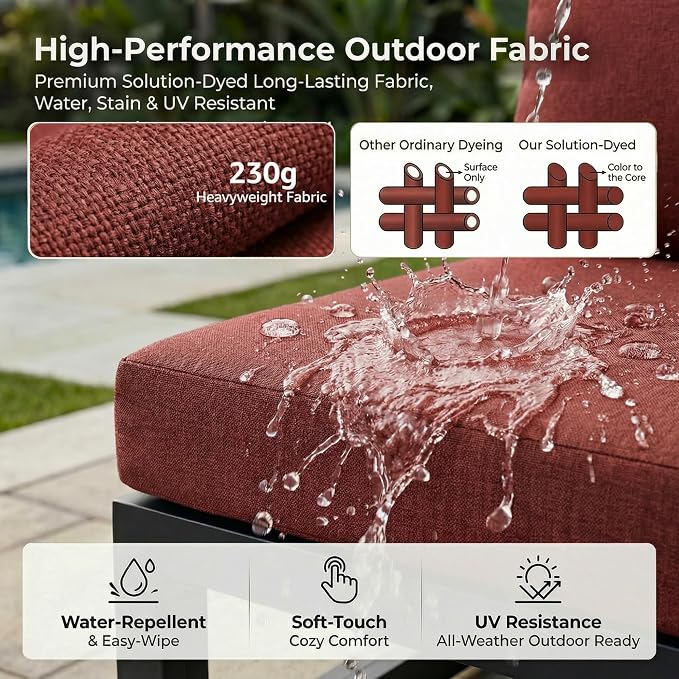 RADIATA 6 People Large Luxury Aluminum Patio Conversation Set with Fire Pit Table Propane/Gas, 29" Deep Wide U Shaped Sectional Couch, 500 lbs Heavy Duty UV Resistant Outdoor Sofa for Front Yard, Red