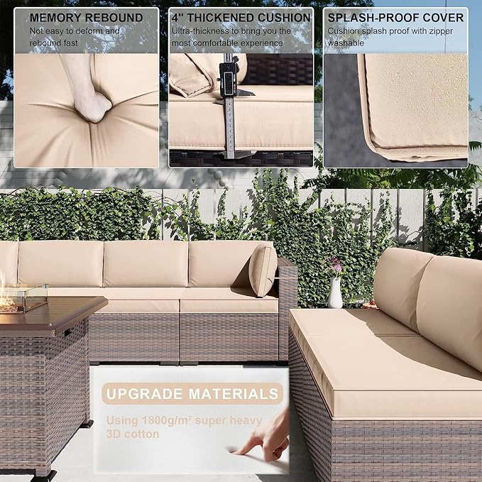 Kullavik 13 Pieces Outdoor Patio Furniture Set with 43" 55000BTU Gas Propane Fire Pit Table PE Wicker Rattan Sectional Sofa Patio Conversation Sets,Khaki