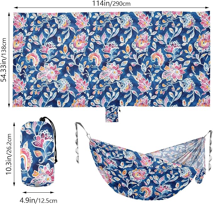 Camping Hammock Outdoor Hammocks for Outside Ethnic Paisley Watercolor Floral Beach Trees Portable Lightweight with Pockets Tree Straps Indoor