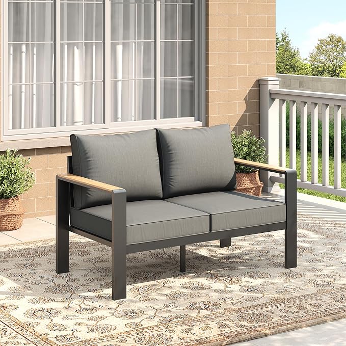 Garvee Outdoor Aluminum Loveseat Patio Sofa, All-Weather Outdoor Couch with Cushions Modern Outdoor 2 Seats Sofa for Porch, Garden, Balcony, Deck, Backyard, Dark Grey