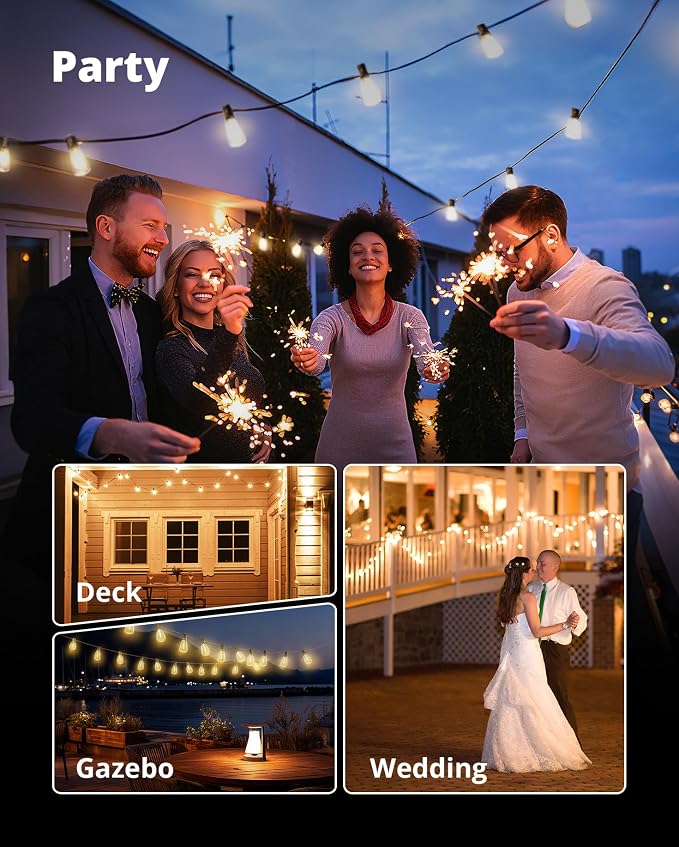 VIPAR Outdoor String Lights, 60FT LED Patio Lights Waterproof 28 ST38 Bulbs | Shatterproof,Edison Outside Lights,Plug-In,2700K Dimmable, Connectable, Hanging Light for Porch Garden Backyard Deck Balcony