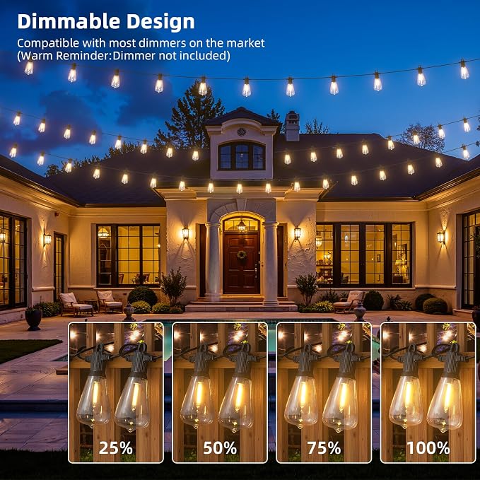 FOOMAN LED Outdoor String Lights, 100FT Outside Waterproof Patio Lights with 50+3 Shatterproof ST38 Edison Bulbs, 2700K Warm White Hanging Light, Dimmable Light for Back Yard Porch Party Gezebo