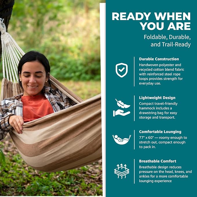 Bliss Hammocks BH-401-CP Double Hammock in a Bag, for Camping, Hiking and Outdoors, Portable, Durable, Eco-Friendly Hand-Woven Cotton and Polyester, Supports up to 265-Pounds, Cappuccino Stripe