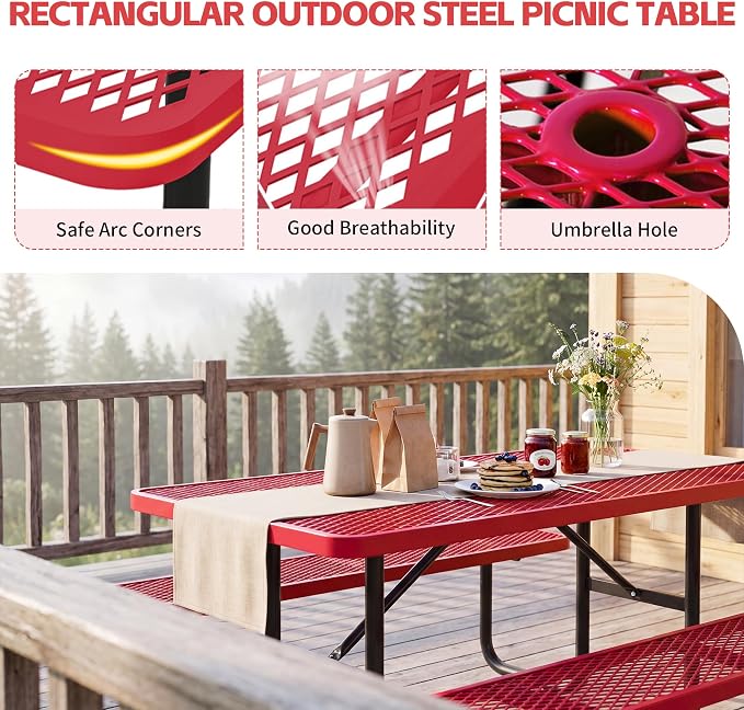 72" Outdoor Rectangular Picnic Table with Umbrella Hole, Heavy Duty Commercial Grade Steel Camping Table for Backyard Patio Deck, Weather-Resistant Red Metal Mesh