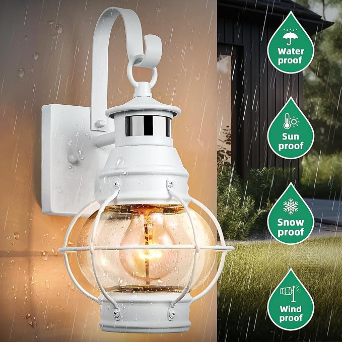 Lamomo 2-Pack White Motion Sensor Outdoor Light – Modern Farmhouse Porch Fixture for Light Siding, Anti-Rust Aluminum Exterior Wall Lantern, Dusk to Dawn Sconce with Clear Glass (White)