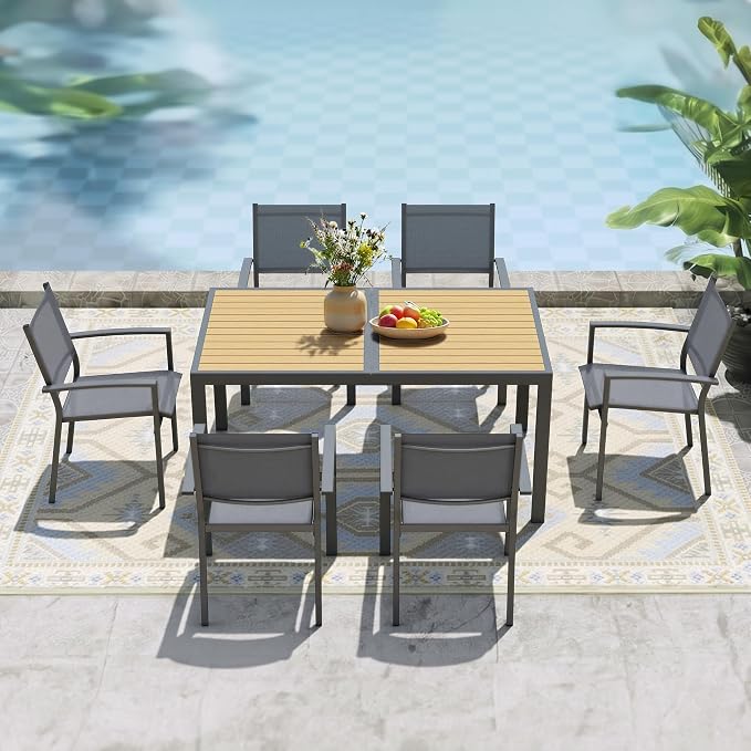 FansaFurn Patio Table and Chairs Set for 6, Outdoor Patio Furniture Set with Metal Textilene Chairs and Aluminum Table, All-Weather Outdoor Dining Set with HDPS Rectangular Tabletop for Patio Porch