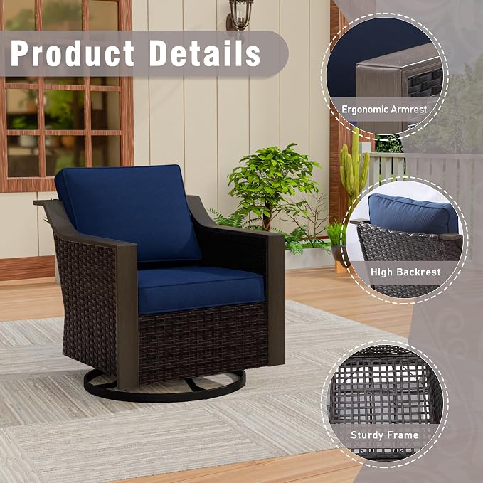 Outdoor Wicker Swivel Chair Set of 2, All-Weather Use Patio Rattan Chair with Removable Water-Resistant Cushion, Ideal for Porch, Backyard, Balcony, Poolside, Blue