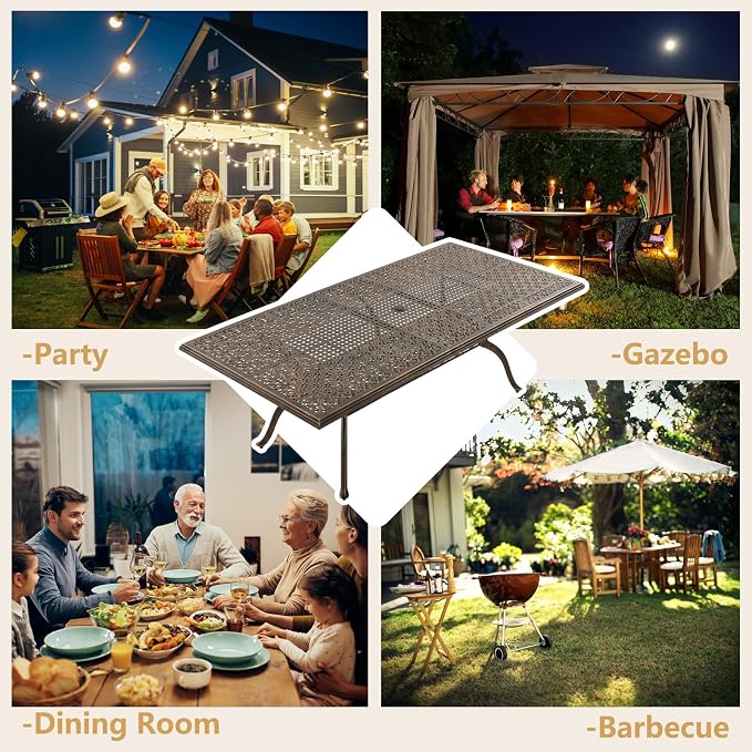 87" Rectangular Cast Aluminum Outdoor Dining Table, Elegant Bronze Patio Table for 8 with Strawberry & Leaf Design, 2" Umbrella Hole, Rustproof & Weather-Resistant Furniture for Garden