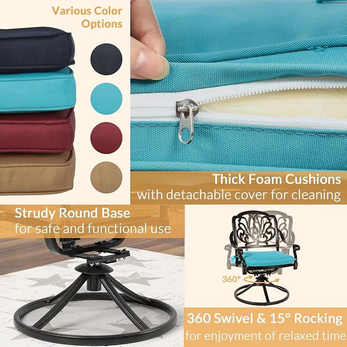 9 Piece Outdoor Patio Dining Set for 8, Cast Aluminium Large Square Dining Table & 4 Swivel Rocker Chairs, 4 Stationary, 8 Cushions, Umbrella Hole, Patio Furniture Set for Garden, Ocean Blue