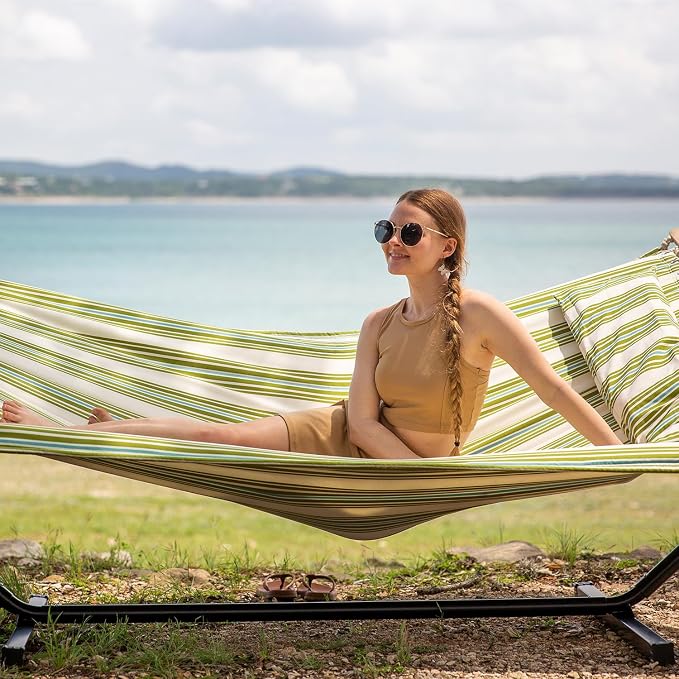 SUNCREAT Portable Double Hammock with Stand, 475 lbs Capacity, Heavy Duty Two Person Hammock with Stand Included, Green Stripe