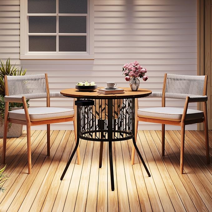 ONBRILL Round Patio Coffee Table with 3.3 Gallon Ice Bucket, 31.5 Inch Solar-Light Cooler Side Table, HDPS Outdoor Dining Table with Metal Base for Outside, Porch, Garden, Backyard, Black & Oak