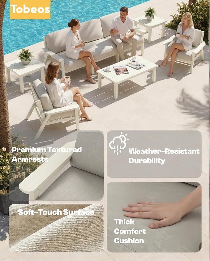 HDPE 5 Piece Patio Furniture Set, Outdoor Couch with Washable Thick Beige Cushions & Coffee Table, Outdoor Sectional Furniture for Backyard, Deck, Lawn, Porch (White Frame)
