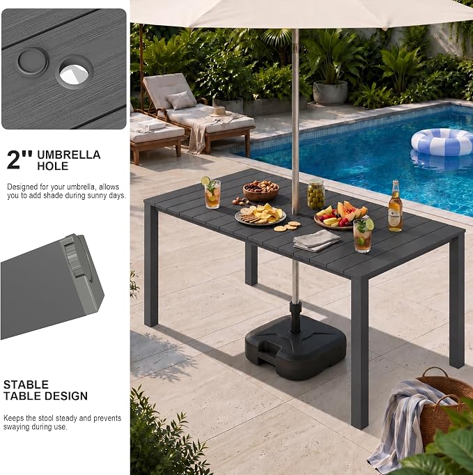 Domi HDPE Outdoor Dining Set, All-Weather 7 Piece Outdoor Dining Table Set with 2" Umbrella Hole, Outdoor Patio Dining Set for Garden, Poolside, Backyard, Deck, Grey