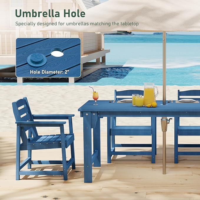 Furnimart Outdoor Dining Set for 6, 67" HDPE Dining Table and Chairs, All-Weather 7 Piece Patio Dining Set with Umbrella Hole, Outdoor Furniture Set for Backyard, Garden, Lawn & Poolside, Blue
