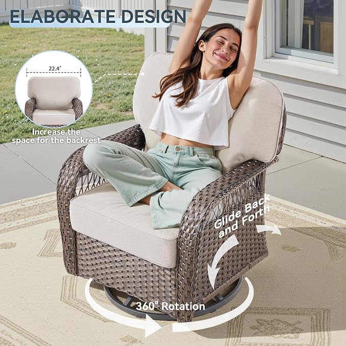 7 PCS Patio Furniture Set Outdoor Sectional Sofa Couch with Rocking Swivel Chairs 5" Deep Seat Chairs, Modern Wicker Rattan Conversation Set, Beige/Brown Wicker