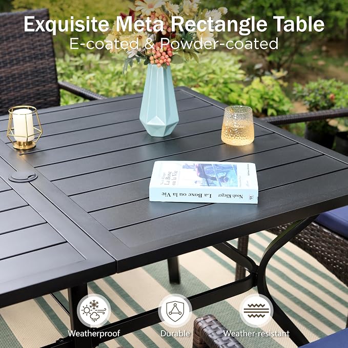 PHI VILLA 7pc Patio Dining Set with Red Umbrella, 6 Rattan Chairs | 60" Metal dining table, 6 cushioned rattan wicker chairs, 13ft red umbrella. Perfect for patio, deck, yard, or porch.