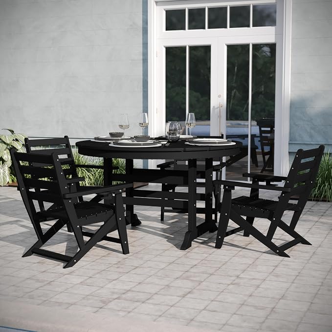EMMA + OLIVER Elyria Outdoor Dining Table for 4, Adirondack Style Recycled HDPE All-Weather Table, UV Fade and Weather Resistant, 48" Round, Black
