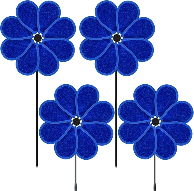 4PCS 11.4" W x 28" H Reflective Pinwheels Sparkly Lawn Wind Spinners Colorful Rainbow Windmill for Garden Decoration Bird Devices Deterrent to Scare Birds Away（Blue）