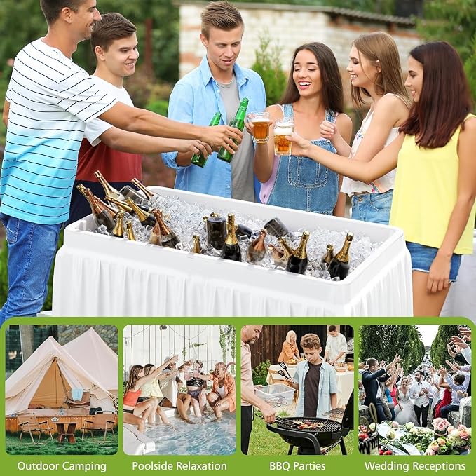 LHBcraft 4 Foot Ice Cooler Table with Matching Skirt & Drain Hose, with Iron Stand, Portable Patio Outdoor Chilling Table Portable Bar for Events for Party, Picnic, BBQ, Camping, White