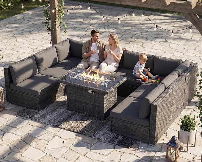 RADIATA 9 Piece Wicker Patio Furniture Set with Fire Pit, All-Weather Outdoor Sectional Couch High Back Large Size, Modular Backyard Seating Sofa Set with Propane/Natural Gas Firepit Table, Dark Grey
