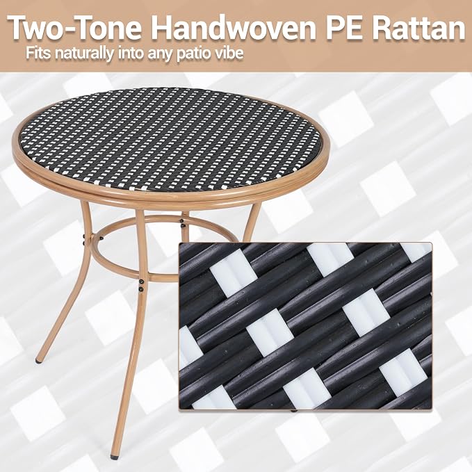 31" Round Outdoor Bistro Table, All-Weather PE Rattan Patio Side Table w/Sturdy Metal Frame & Adjustable Foot Pads, Wicker Dining Table for Poolside Backyard Garden Balcony, Black/White