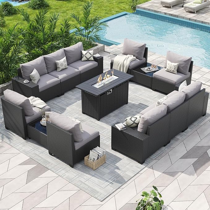 Aoxun Patio Furniture Sets with 44'' Fire Pit, 13 Pcs Outdoor Patio Coversation Set with 4in Thicken Cushion, Widen Armrests Wicker Outdoor Sectional for Backyard