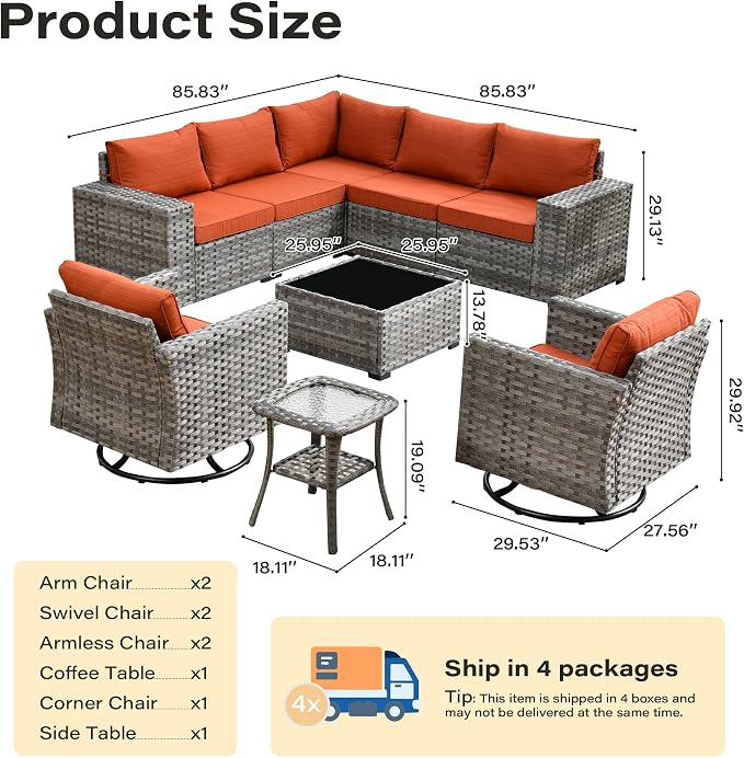 9 Pieces Patio Furniture Set, Wicker Outdoor Sectional Sofa with Swivel Chair Comfy Cushions, Modern Modular Deep Seat Rattan Couch Conversation Set for Backyard Porch Yard,Orange