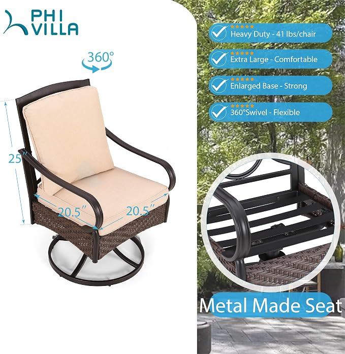PHI VILLA Swivel Patio Dining Chairs Wicker Chairs Set of 2 with Cushions | Heavy Duty Outdoor Metal Wicker Dining Chair with Padded Cushions, Large All Weather Wrought Iron Patio Chair for Balcony
