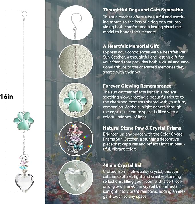 Dog Memorial Gifts, Pet Memorial Suncatcher, Loss of Dog Sympathy Gift | Thoughtful Dogs and Cats Bereavement Remembrance Gifts, Natural Cat's Eye Stone Paw Crystal Suncatcher