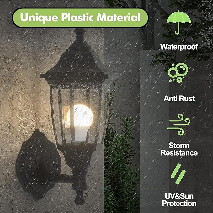 EMART Dusk to Dawn Plastic Outdoor Wall Light Fixtures(2 Pack, Black) | Include Bulbs, Waterproof and Anti-Corrosion, Wall Mount Porch Sconces for Outside, Garage, Front Door, House, Patio