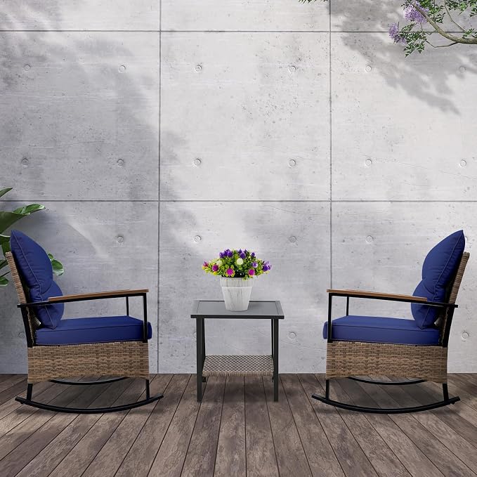 COOS BAY Sunset Haven 3 Piece Outdoor Patio Furniture Set, Rocking Chairs with Side Table, Wicker Patio Bistro Set, Brown/Blue