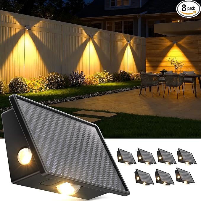 JSOT Solar Fence Lights Outdoor - 8 Pack Solar Lights Outdoor Waterproof Ideal for Deck Rail Stair Step Decoration 3 Large LEDs 5 Lighting Modes Outside Lights-Warm Light