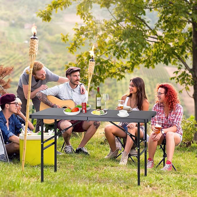ZenStyle 4ft Heavy Duty Folding Table - Plastic Top & Steel Legs, Indoor Outdoor Utility Table w/Carry Handle for Camping, Parties, BBQs (Black)