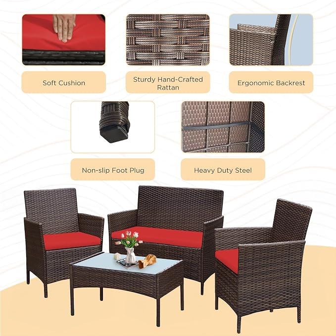 PROHIKER 4 Piece Outdoor Wicker Patio Conversation Furniture Set, Rattan Chair Wicker Sofa Garden Conversation Sets with Cushion and Glass Table for Yard Pool or Backyard, Brown/Red